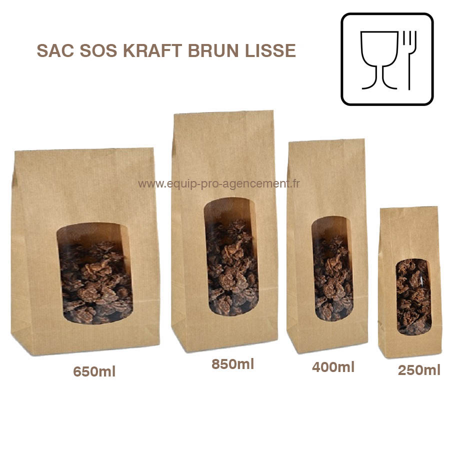 sac sos vrac kraft contact alimentaire sec ou gras avec fenetre 4 formats