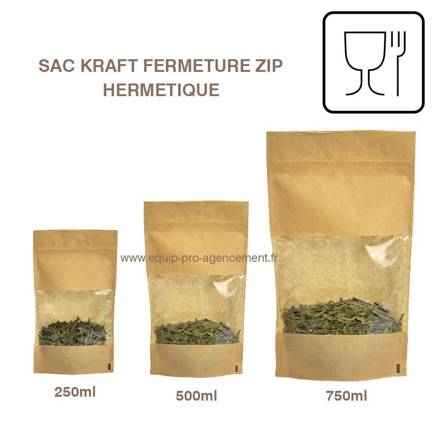 sachet vrac kraft contact alimentaire gras ou sec fermeture zip avec fenetre 3 formats