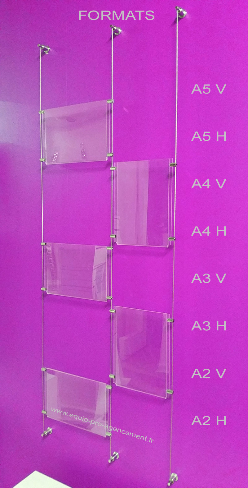 system câble grande gamme de pochettes porte-affiches en plexiglass ou porte-documents vertical ou horizontal format A5 A4 A3 A2 A1