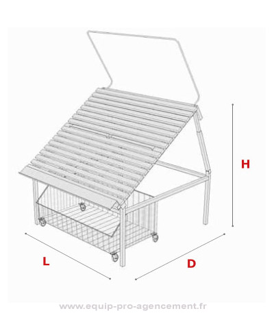 présentoir bois métal inclinable avec rangement pour exposition fruits et legumes